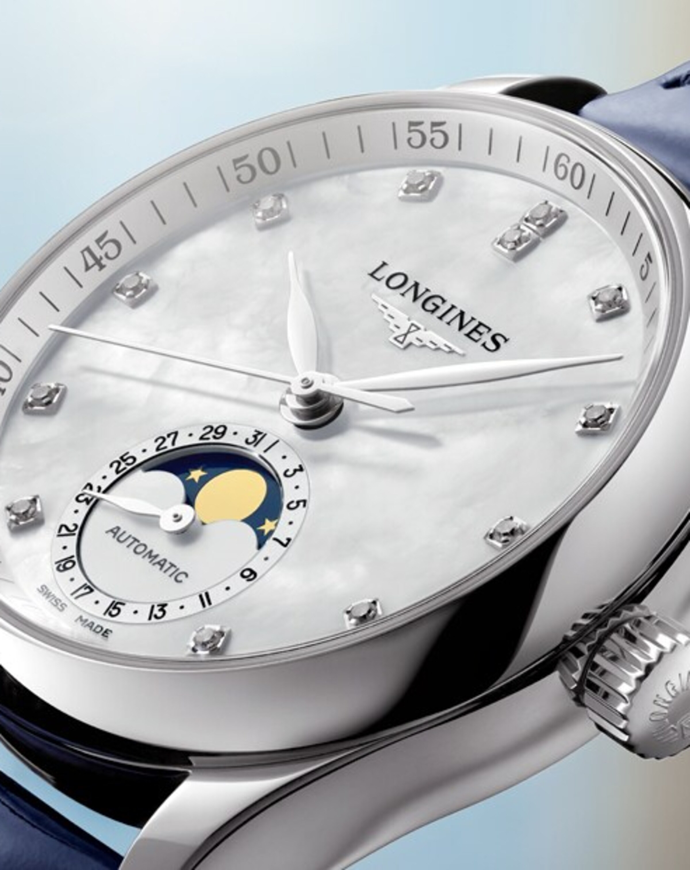 The Longines Master Collection Moonphase watch with blue strap