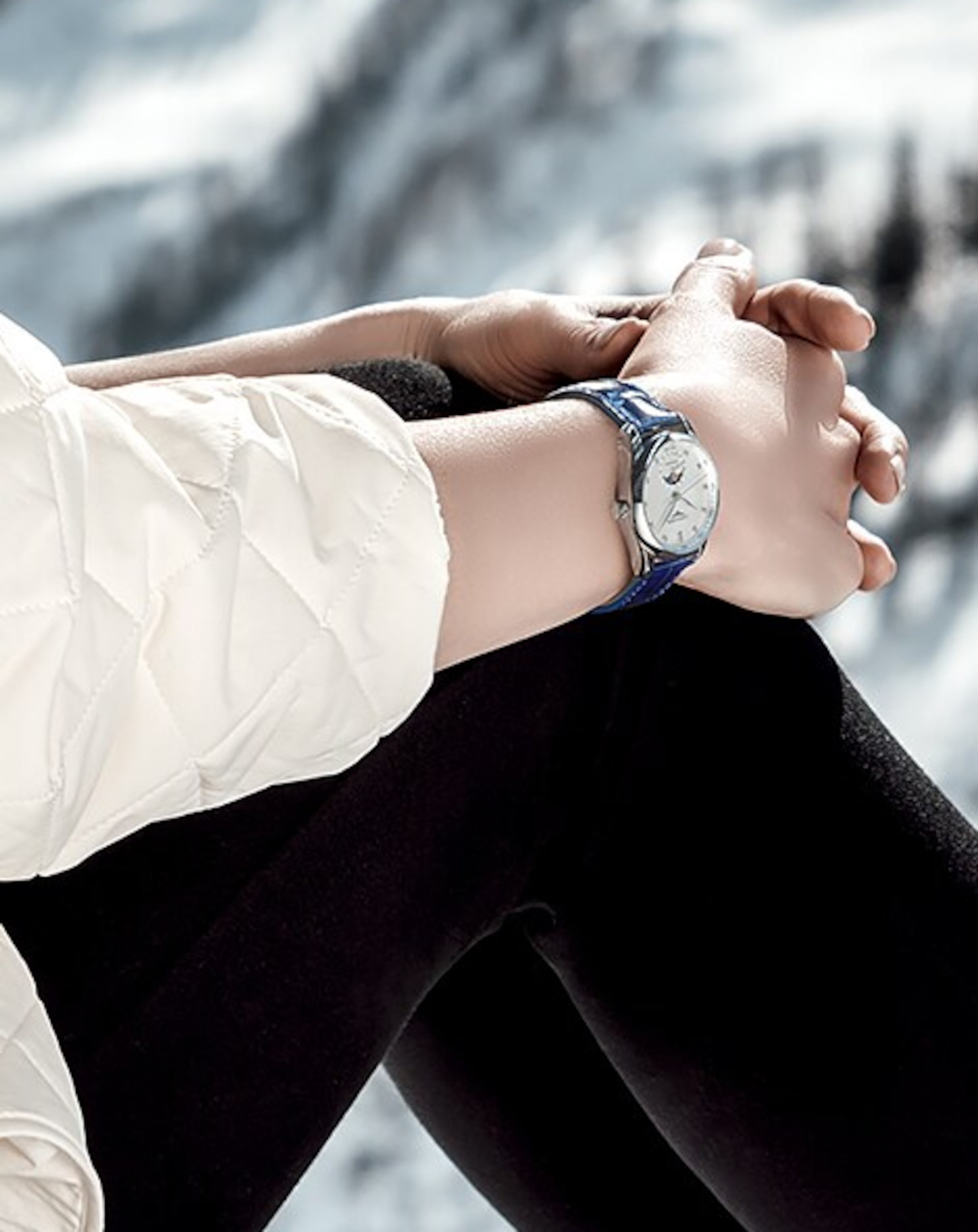 The Longines Master Collection Moonphase with blue strap on female wrist