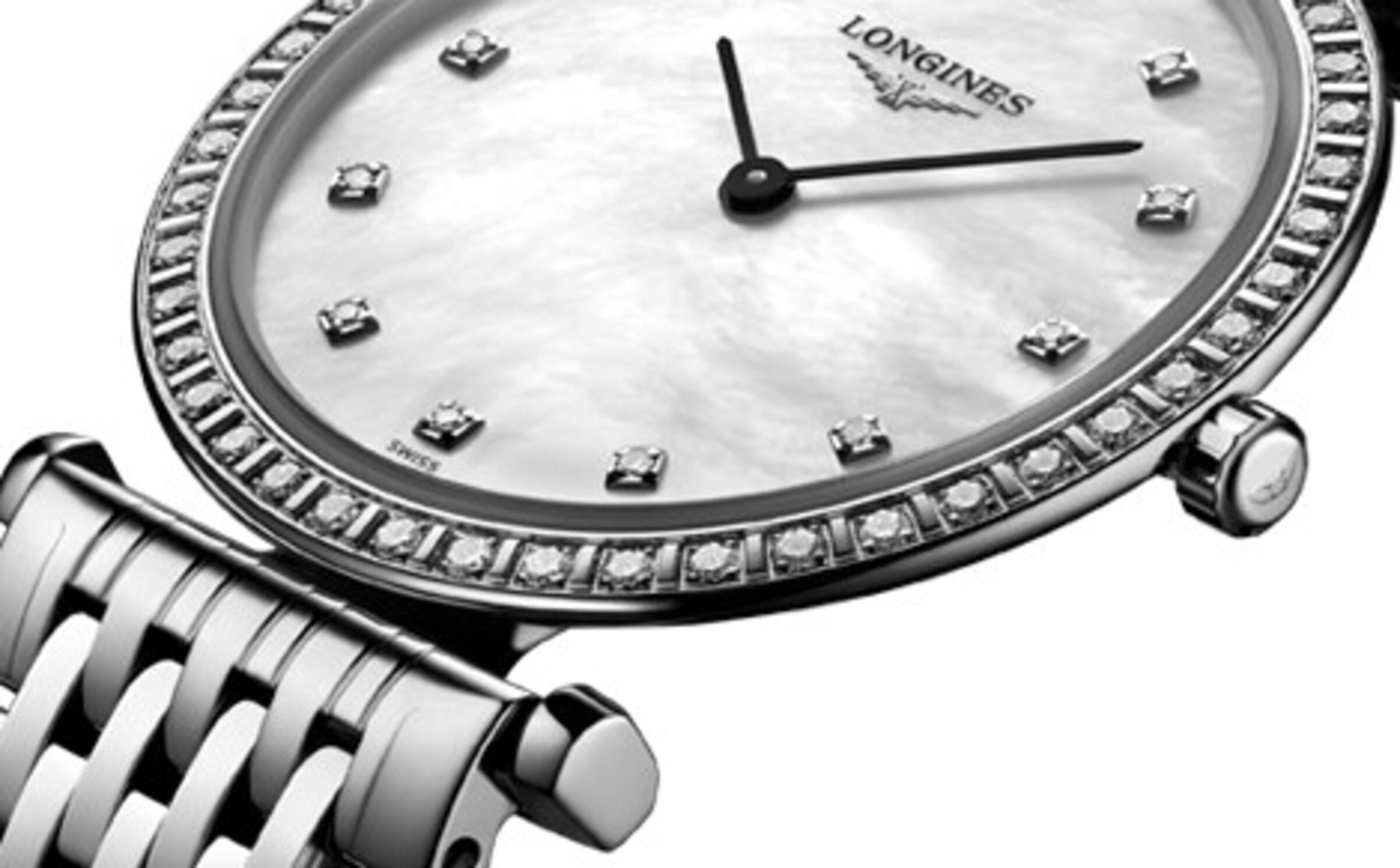 a silver Longines quartz watch with diamonds 